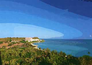 Illust, materieel, vrij, landschap, schilderstuk, schilderstuk, kleuren potlood, crayon, werkje,Morgen van Guam, Zuiden eiland, Vakantieoord, Tropisch, Blauw