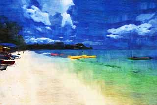 illust, materiale, libero panorama, ritratto dipinto, matita di colore disegna a pastello, disegnando,Una spiaggia di Golfo di Tumon, spiaggia sabbiosa, Acqua di mare, ombrello da spiaggia, kayak