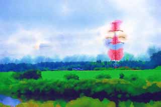 illust, materiale, libero panorama, ritratto dipinto, matita di colore disegna a pastello, disegnando,Memoria di Kasukabe, Linea di alto-tensione, fiume, torre di acciaio, 