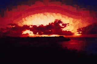 illust, materiale, libero panorama, ritratto dipinto, matita di colore disegna a pastello, disegnando,Crepuscolo della Guam, isola meridionale, ricorso, Alla buio, nube