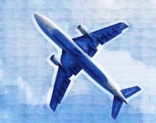 illustration,material,free,landscape,picture,painting,color pencil,crayon,drawing,A jet, An airplane, passenger plane, The sky, jet