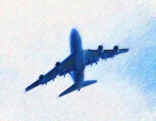 illust, materiale, libero panorama, ritratto dipinto, matita di colore disegna a pastello, disegnando,Un jet, Un aeroplano, aereo di passeggero, Il cielo, jet
