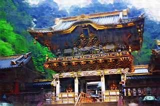 illustration,material,free,landscape,picture,painting,color pencil,crayon,drawing,The Tosho-gu Shrine positive light gate, The positive light gate, world heritage, sculpture, I am luxurious