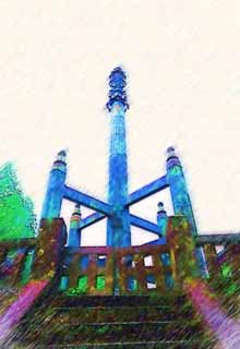 Illust, materieel, vrij, landschap, schilderstuk, schilderstuk, kleuren potlood, crayon, werkje,Een topen toren van Mt af. Nikko Rinno-ji Tempel, Zonnelicht, Wereld heritage, , 