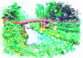 illustration,material,free,landscape,picture,painting,color pencil,crayon,drawing,Shin-kyo Bridge of sunlight Futara-san-jinja Shrine, Sunlight, world heritage, bridge, 
