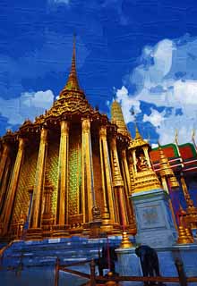 illust, materiale, libero panorama, ritratto dipinto, matita di colore disegna a pastello, disegnando,Dop di mon di Pula, Oro, Budda, Tempio dello smeraldo Budda, Facendo il turista