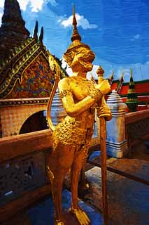 illustration,material,free,landscape,picture,painting,color pencil,crayon,drawing,A golden guardian deity, Gold, Buddha, Temple of the Emerald Buddha, Sightseeing