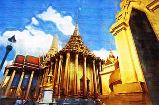 illustration,material,free,landscape,picture,painting,color pencil,crayon,drawing,Pula mon dop, Gold, Buddha, Temple of the Emerald Buddha, Sightseeing