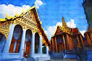 Illust, materieel, vrij, landschap, schilderstuk, schilderstuk, kleuren potlood, crayon, werkje,Tempel van de Emerald Buddha, Goud, Boeddha, Tempel van de Smaragd Boeddha, Bezoekende touristenplaats