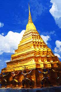 illust, materiale, libero panorama, ritratto dipinto, matita di colore disegna a pastello, disegnando,Tempio dello smeraldo Budda, Oro, Budda, Tempio dello smeraldo Budda, Facendo il turista