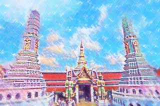 illust, materiale, libero panorama, ritratto dipinto, matita di colore disegna a pastello, disegnando,Una torre di Tempio dello Smeraldo Budda, Oro, Budda, Tempio dello smeraldo Budda, Facendo il turista