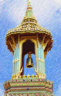 illust, materiale, libero panorama, ritratto dipinto, matita di colore disegna a pastello, disegnando,Campanile di tempio dello smeraldo Budda, Oro, Budda, Tempio dello smeraldo Budda, Facendo il turista