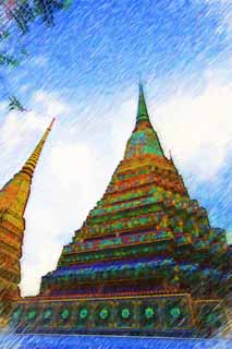 illust, matire, libre, paysage, image, le tableau, crayon de la couleur, colorie, en tirant,Une pagode de watt Poe, pagode, mort de Bouddha temple, tombe, Visiter des sites pittoresques