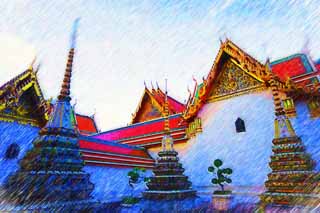 illust, materiale, libero panorama, ritratto dipinto, matita di colore disegna a pastello, disegnando,Una pagoda di watt Poe, pagoda, morte di Budda il tempio, grave, Facendo il turista