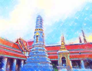 illustration,material,free,landscape,picture,painting,color pencil,crayon,drawing,A tower of watt Poe, pagoda, death of Buddha temple, grave, Sightseeing