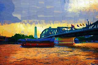 illust, material, livram, paisagem, quadro, pintura, lpis de cor, creiom, puxando,Chao Phraya e um navio, navio, ponte, fluxo, O Menam