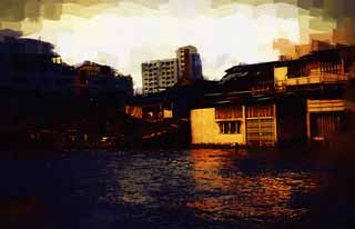 Illust, materieel, vrij, landschap, schilderstuk, schilderstuk, kleuren potlood, crayon, werkje,De zandplaat van een rivier van Chao Phraya , Verlaten huis, Gebouw, Loop, De Menam