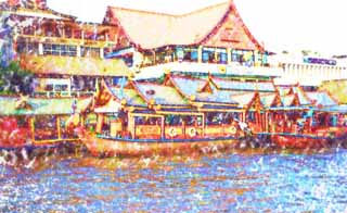 illustration,material,free,landscape,picture,painting,color pencil,crayon,drawing,A Thailand-like pleasure boat, ship, roof, float, The Menam