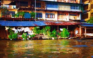 illust, materiale, libero panorama, ritratto dipinto, matita di colore disegna a pastello, disegnando,La banca di un fiume di Chao Phraya , casa abbandonata, costruendo, flusso, Il Menam