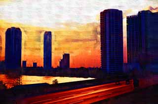 illust, materiale, libero panorama, ritratto dipinto, matita di colore disegna a pastello, disegnando,Crepuscolo di Chao Phraya , appartamento a molti piani, costruendo, Il cielo, Il Menam