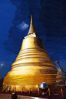 illust, materiale, libero panorama, ritratto dipinto, matita di colore disegna a pastello, disegnando,Una pagoda di Wat Sakhet, tempio, pagoda, Oro, Bangkok