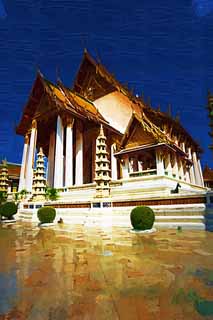 Illust, materieel, vrij, landschap, schilderstuk, schilderstuk, kleuren potlood, crayon, werkje,Wat Suthat, Tempel, Boeddhist afbeelding, De belangrijkste hal van een Boeddhist tempel, Bangkok
