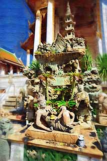 Illust, materieel, vrij, landschap, schilderstuk, schilderstuk, kleuren potlood, crayon, werkje,Een stenig standbeeld van Wat Suthat, Tempel, Boeddhist afbeelding, Stenig standbeeld, Bangkok