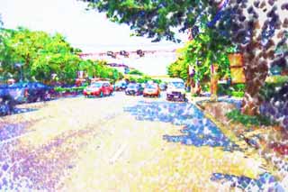 illust, materiale, libero panorama, ritratto dipinto, matita di colore disegna a pastello, disegnando,Strada di Bangkok, macchina, motocicletta, strada, Asfalto