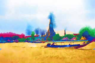 illustration,material,free,landscape,picture,painting,color pencil,crayon,drawing,Temple of Dawn, temple, Buddhist image, tile, Bangkok