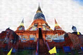 illustration,material,free,landscape,picture,painting,color pencil,crayon,drawing,Che day of Ayutthaya, pagoda, temple, Buddhist image, Ayutthaya remains
