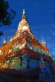 illust, materiale, libero panorama, ritratto dipinto, matita di colore disegna a pastello, disegnando,Giorno di Che di Ayutthaya, pagoda, tempio, Immagine buddista, Ayutthaya rimane