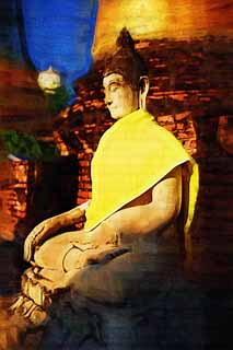 illust, materiale, libero panorama, ritratto dipinto, matita di colore disegna a pastello, disegnando,Un'immagine buddista di Ayutthaya, Immagine buddista, Budda, pagoda, Ayutthaya rimane