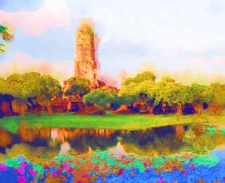 illustration,material,free,landscape,picture,painting,color pencil,crayon,drawing,Wat Phraram, World's cultural heritage, Buddhism, pagoda, Ayutthaya remains
