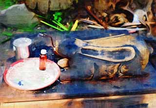 illust, material, livram, paisagem, quadro, pintura, lpis de cor, creiom, puxando,Uma ferramenta para corte de coco, Comida, palma, Lasi, coco