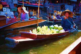 illust, materiale, libero panorama, ritratto dipinto, matita di colore disegna a pastello, disegnando,Una nave di mercato di acqua, mercato, Comprando e vendendo, barca, 