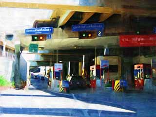 illustration,material,free,landscape,picture,painting,color pencil,crayon,drawing,A highway entrance, highway, tollgate, gate, An entrance