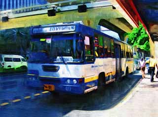 illust, materiale, libero panorama, ritratto dipinto, matita di colore disegna a pastello, disegnando,Un autobus tailandese, autobus, AUTOBUS, Trasporto pubblico, 