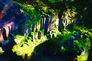 illustration,material,free,landscape,picture,painting,color pencil,crayon,drawing,Takachiho-kyo Gorge, Ravine, Backlight, cliff, natural monument