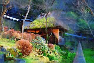 illust, materiale, libero panorama, ritratto dipinto, matita di colore disegna a pastello, disegnando,Un watermill, tetto di paglia, tetto ricoperto di paglia, ruota idraulica, Edificio di Giapponese-stile