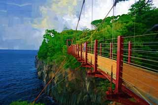 illust, materiale, libero panorama, ritratto dipinto, matita di colore disegna a pastello, disegnando,Ponte di sospensione di Jogasakikaigan, bascule fanno un ponte su, ponte di sospensione, , 