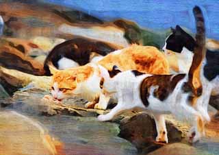 illustration,material,free,landscape,picture,painting,color pencil,crayon,drawing,A cat to gather around, cat, , , 