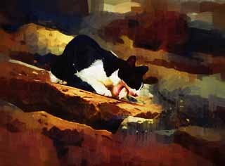 illust, materiale, libero panorama, ritratto dipinto, matita di colore disegna a pastello, disegnando,Pasto di un gatto, gatto, , , 