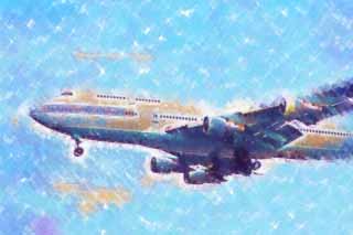 illustration,material,free,landscape,picture,painting,color pencil,crayon,drawing,A landing of a jumbo jet, passenger plane, An airplane, jumbo jet, plane
