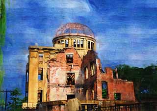 illustration,material,free,landscape,picture,painting,color pencil,crayon,drawing,The A-Bomb Dome, World's cultural heritage, nuclear weapon, War, Misery