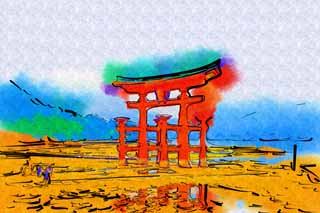 Illust, materieel, vrij, landschap, schilderstuk, schilderstuk, kleuren potlood, crayon, werkje,Otorii van Itsukushima-jinja Heiligdom, Wereldwijd cultureel heritage, Otorii, Shinto heiligdom, Ik ben cinnabar rood