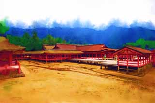 illust, matire, libre, paysage, image, le tableau, crayon de la couleur, colorie, en tirant,Un temple principal de Temple Itsukushima-jinja, L'hritage culturel de Monde, temple principal, Temple shintoste, Je suis rouge du cinabre