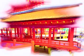 Illust, materieel, vrij, landschap, schilderstuk, schilderstuk, kleuren potlood, crayon, werkje,Een corridor van Itsukushima-jinja Heiligdom, Wereldwijd cultureel heritage, Otorii, Shinto heiligdom, Ik ben cinnabar rood