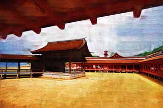 illust, matire, libre, paysage, image, le tableau, crayon de la couleur, colorie, en tirant,Un couloir de Temple Itsukushima-jinja, L'hritage culturel de Monde, Otorii, Temple shintoste, Je suis rouge du cinabre