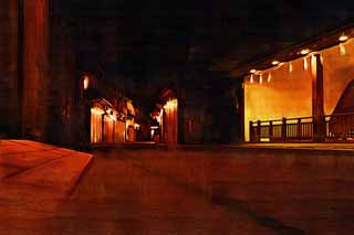 illustration,material,free,landscape,picture,painting,color pencil,crayon,drawing,The night of an approach to a shrine, World's cultural heritage, road at night, night view, light