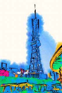 illustration,material,free,landscape,picture,painting,color pencil,crayon,drawing,Nagoya Television Tower, television tower, An electric wave, TV, Television